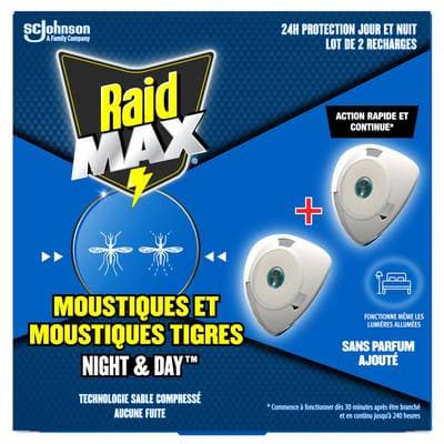 Raid Max Anti-Moustiques Recharges Moustiques et Moustiques Tigres Sans Parfum Night & Day, 2 recharges 54 ml