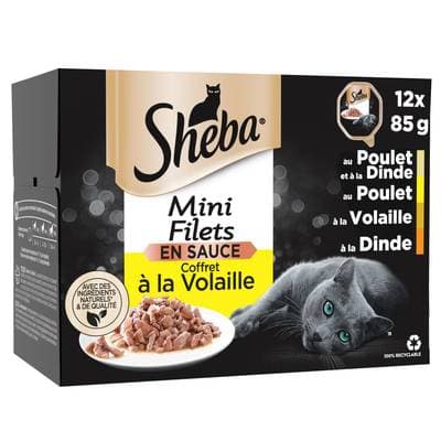 Sheba - Mini Filets Sachets en Sauce Coffret Volaille pour chat adulte, 12x85g