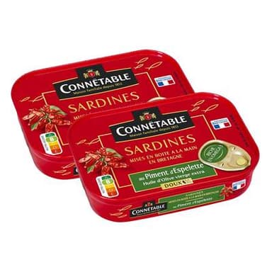 Connetable Sardines à l'Huile d'Olive Vierge Extra et piment d'Espelette Doux, Lot de 2x135g