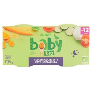 Auchan Baby Bio Tomate courgette pâte mozzarella Bio Bol Bébé dès 12 mois, 2x200g