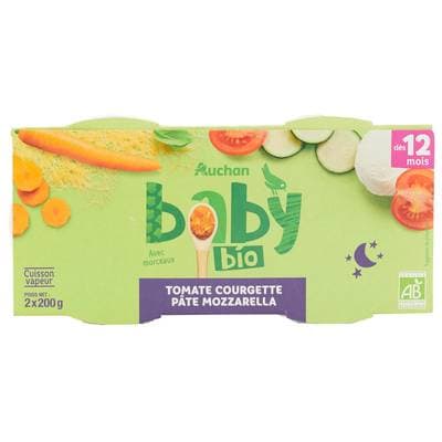 Auchan Baby Bio Tomate courgette pâte mozzarella Bio Bol Bébé dès 12 mois, 2x200g