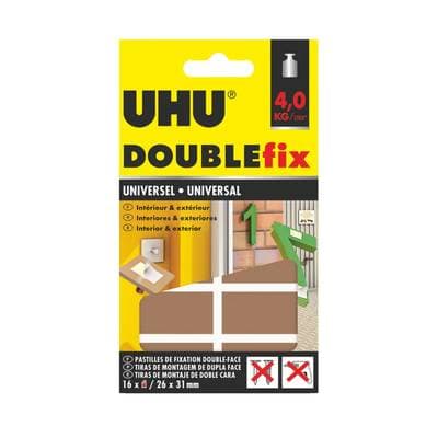 Uhu 16 pastilles adhésives double face extra fort pour intérieur et extérieur, Dimension 26 mm x 31 mm
