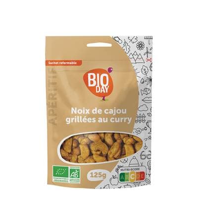 Bioday Noix de cajou grillées salées bio au curry, Sachet de 125g