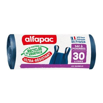 Alfapac Sac Poubelle recyclé Poignée, 15 sacs poubelle de  30 L