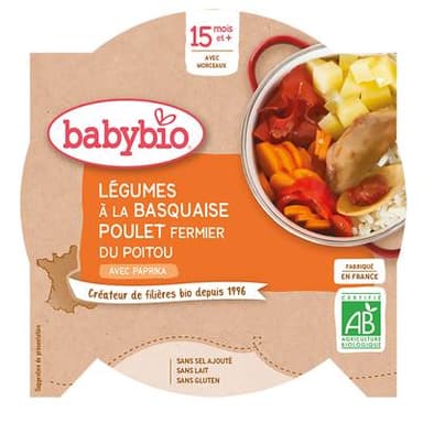 Babybio Légumes à la Basquaise, Poulet de nos régions Bio Assiette Bébé Dès 15 mois, 260g