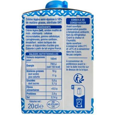Auchan Crème légère semi-épaisse 18%mg UHT, 3x20cl