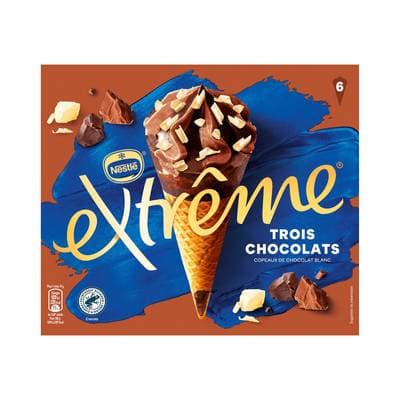 Extrême 6 Cônes glacés aux 3 Chocolats aux copeaux de chocolat blanc 6x120ml, Boite de 6x71g