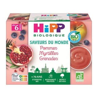 Hipp - Saveurs du Monde Pommes Myrtilles Grenade Bio Coupelle Bébé Dès 6 mois, 4x100g