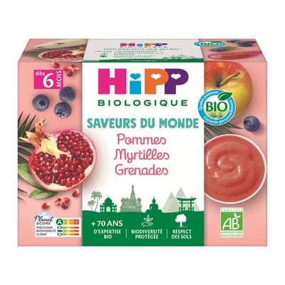 Hipp - Saveurs du Monde Pommes Myrtilles Grenade Bio Coupelle Bébé Dès 6 mois, 4x100g