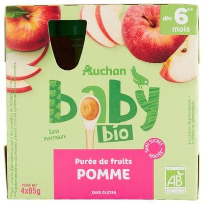 Auchan Baby Bio Purée de fruits Pomme Bio Gourdes Bébé dès 6 mois, 4x85g