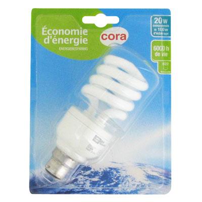3257982201605 - Cora - Ampoule baïonnettes 20W tornado économie d'énergie 