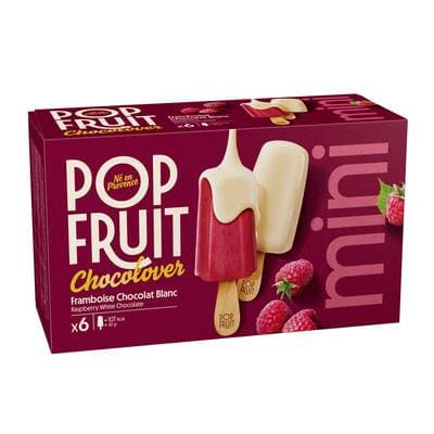Pop' Fruit Bâtonnet 100% framboise enrobé de chocolat blanc, 6x47g