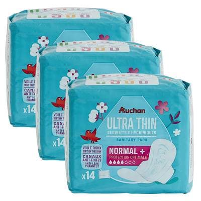 Auchan Serviettes hygiéniques avec ailettes regular, Lot de 3x14 serviettes