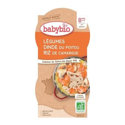 Babybio Légumes, Dinde, Riz de Camargue Bio Bol Bébé Dès 8 mois, 2x200g