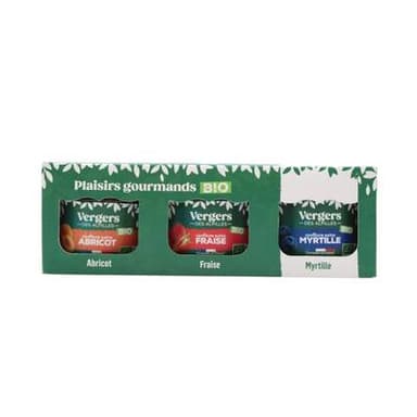 Vergers des Alpilles Coffret de 3 Confitures Extra Abricot, Fraise Myrtille Bio, 3x125g