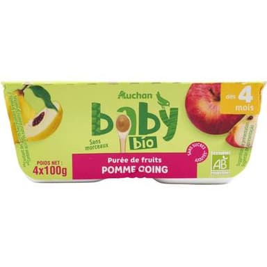 Auchan Baby Bio Dessert Pomme Coing Bio Coupelles Bébé dès 4 mois, 4x100g