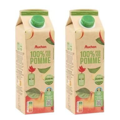 Auchan Pur jus de pomme sans sucres ajoutés, Lot de 2x1L
