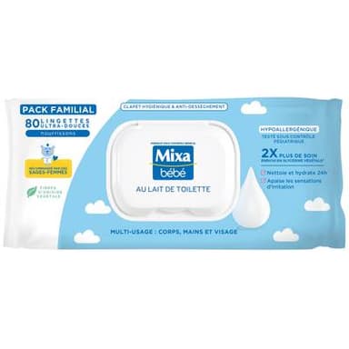 Mixa Lingettes Bébé au Lait de Toilette Hypoallergénique, 80 lingettes
