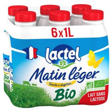 Matin Léger de Lactel Lait sans lactose Bio entier 3,6% mg, 6x1l
