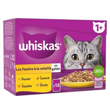 Whiskas Sachets en gelée Festins à la volaille 4 variétés pour Chat adulte, 12x85g