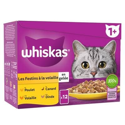 Whiskas Sachets en gelée Festins à la volaille 4 variétés pour Chat adulte, 12x85g