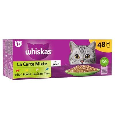 Whiskas Sachets en gelée Carte Mixte  Boeuf, Poulet, Saumon, Thon pour chat, 48x85g