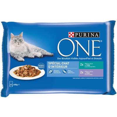 Purina - One Sachets en sauce Effilés veau et thon pour chat d'intérieur, 4x85g