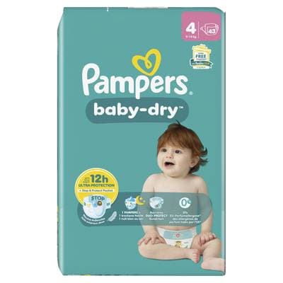 Pampers Babydry Geant Couches Bébés Baby-Dry 9-14kg T4, 43 couches