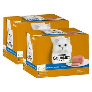 Purina - Gourmet Gold Boites Mousseline Lapin, Bœuf, Agneau, Veau pour chat adulte, Lot de 2 - 24x85g