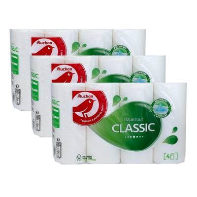 Auchan Essuie-tout classic blanc, Lot de 3x4 rouleaux
