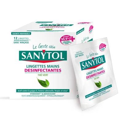 Sanytol Lingettes mains désinfectantes individuelles au thé vert, 12 lingettes individuelles