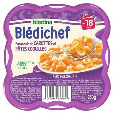 Blédina - Blédi'chef Farandole de Carottes et Pâtes Coquillettes Assiette Bébé Dès 18 mois, 250g