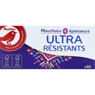 Auchan Boite de mouchoirs ultra résistants 4 épaisseurs, 80 mouchoirs