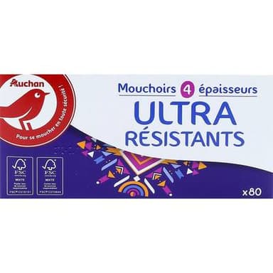 Auchan Boite de mouchoirs ultra résistants 4 épaisseurs, 80 mouchoirs