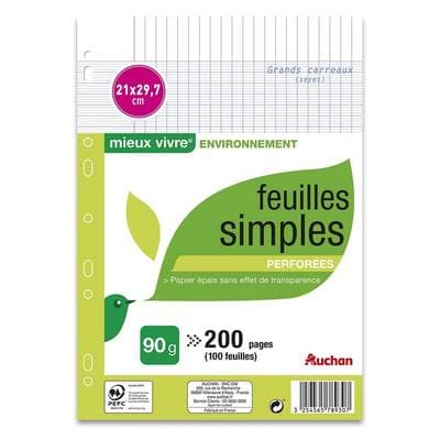 Auchan Feuilles simple perforées 21x29.7cm grands carreaux, 100 feuilles 90g