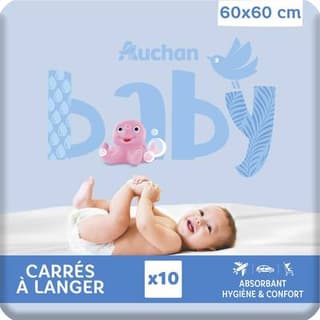 Auchan Baby Carrés à langer absorbants, 10 carrés à langer Dimensions : 60x60 cm