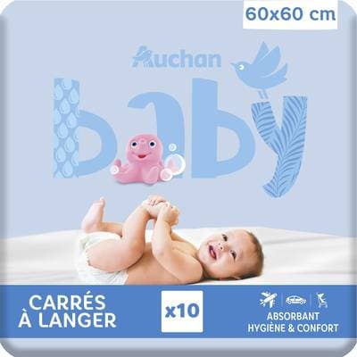Auchan Baby Carrés à langer absorbants, 10 carrés à langer Dimensions : 60x60 cm