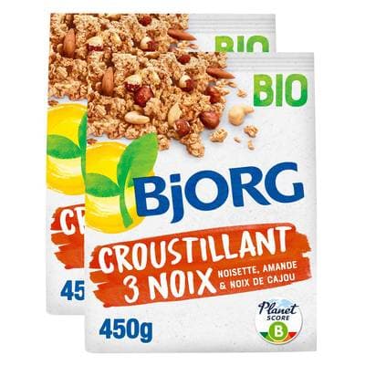 Bjorg Croustillant 3 Noix Céréales Complètes Bio - Noisettes, Amandes, Noix de Cajou complètes, Lot de 2x450g