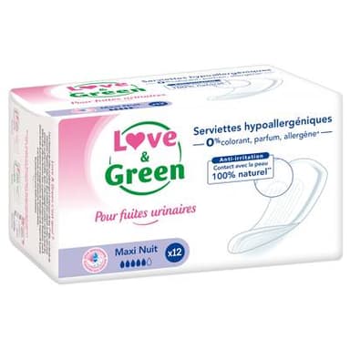 Love & Green Serviettes Écologiques Maxi Nuit pour Fuites Urinaires, 12 serviettes
