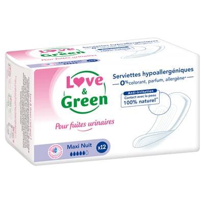 Love & Green Serviettes Écologiques Maxi Nuit pour Fuites Urinaires, 12 serviettes