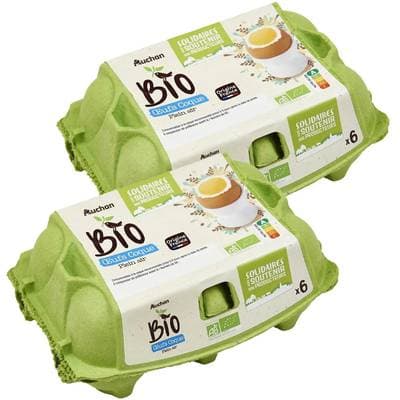 Auchan BIO Oeufs de poules Bio élevées en plein air, calibre gros, Lot de 2x6 oeufs