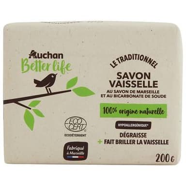 Auchan Better Life Savon vaisselle solide au savon de Marseille et bicarbonate de soude, 200g