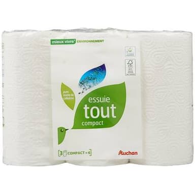 Auchan Mieux Vivre Essuie-tout blanc compact écologique, 3 rouleaux