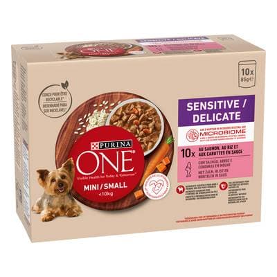 Purina - One Sachet repas en sauce saumon riz carottes pour petit chien, 10x85g