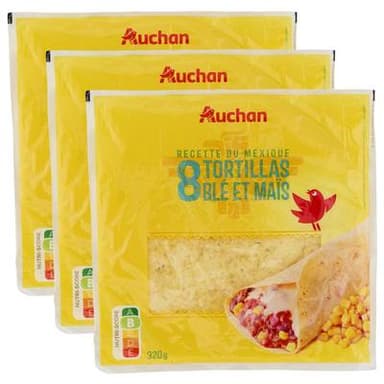 Auchan 8 Galettes Tortillas de blé et maïs, Lot de 3x320g