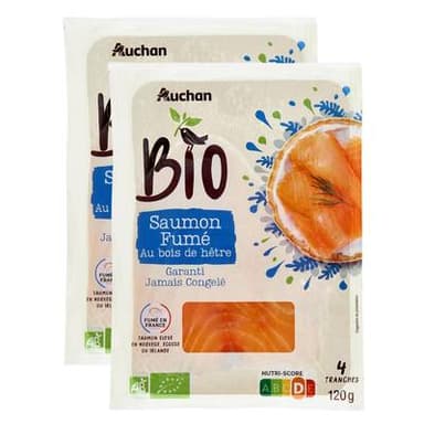 Auchan BIO Saumon Fumé Bio d'Atlantique, Lot de 2x4 tranches - 120g