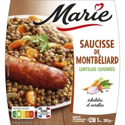 Marie Saucisse de Montbéliard et Lentilles Cuisinées., 1 Part - 300g