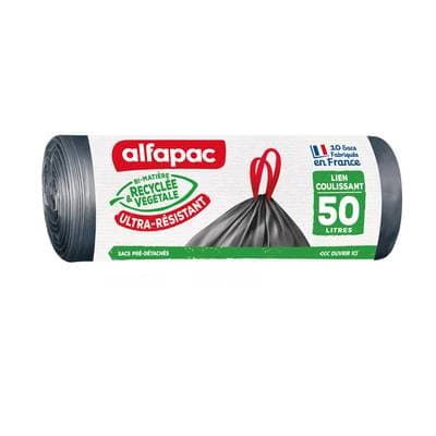 Alfapac Sacs-poubelle lien coulissant ultra résistant 50L, 10 sac poubelles