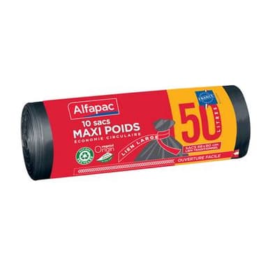 Alfapac Sacs poubelle 50L maxi poids à liens Vegetal Origin®, 10 sacs de 50L