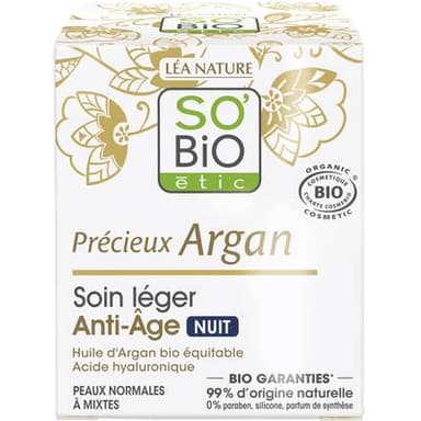 So'Bio Soin anti-âge nuit - Anti-âge - Peaux normales à sèches, même sensibles - Cosmébio, 50ml